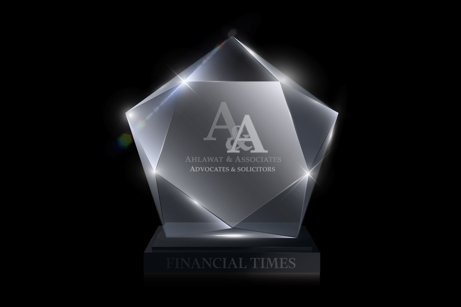Glass award on plinth with Ahlawat logo